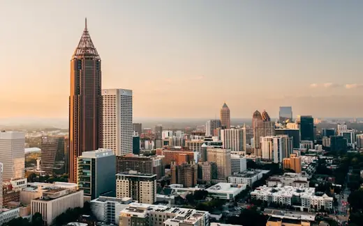 The downtown Atlanta skyline at sunset